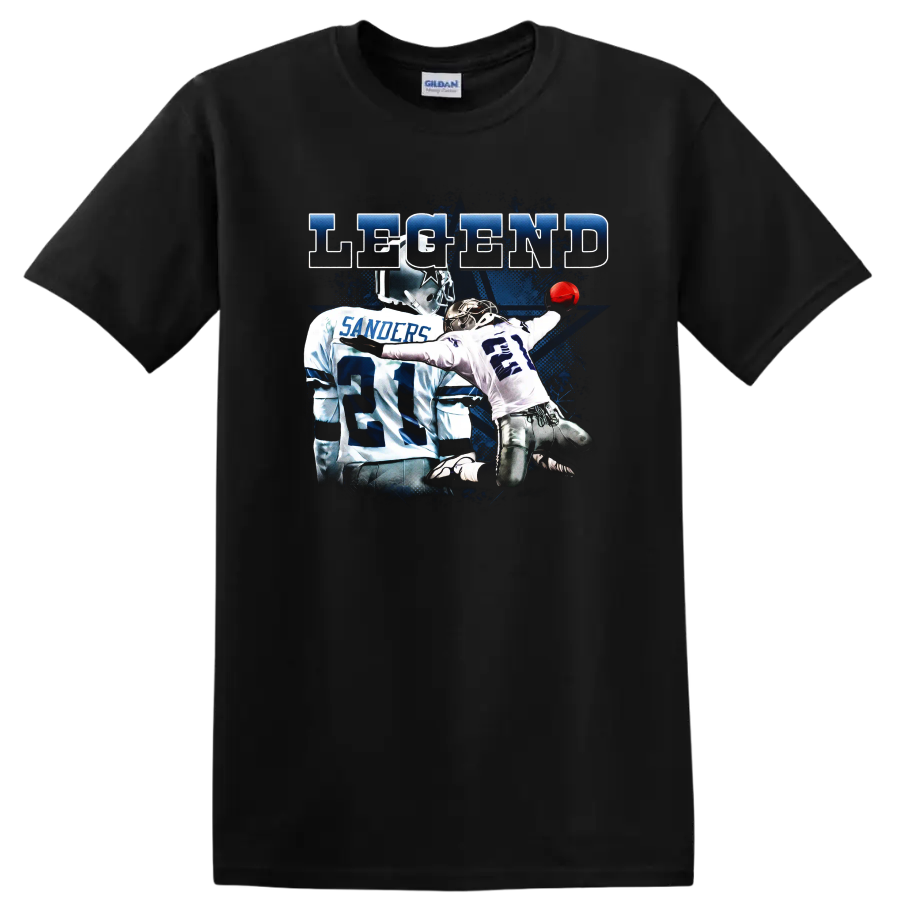 Deion Sanders Dallas Cowboys number 21 action graphic with distressed LEGEND text on a Black T Shirt