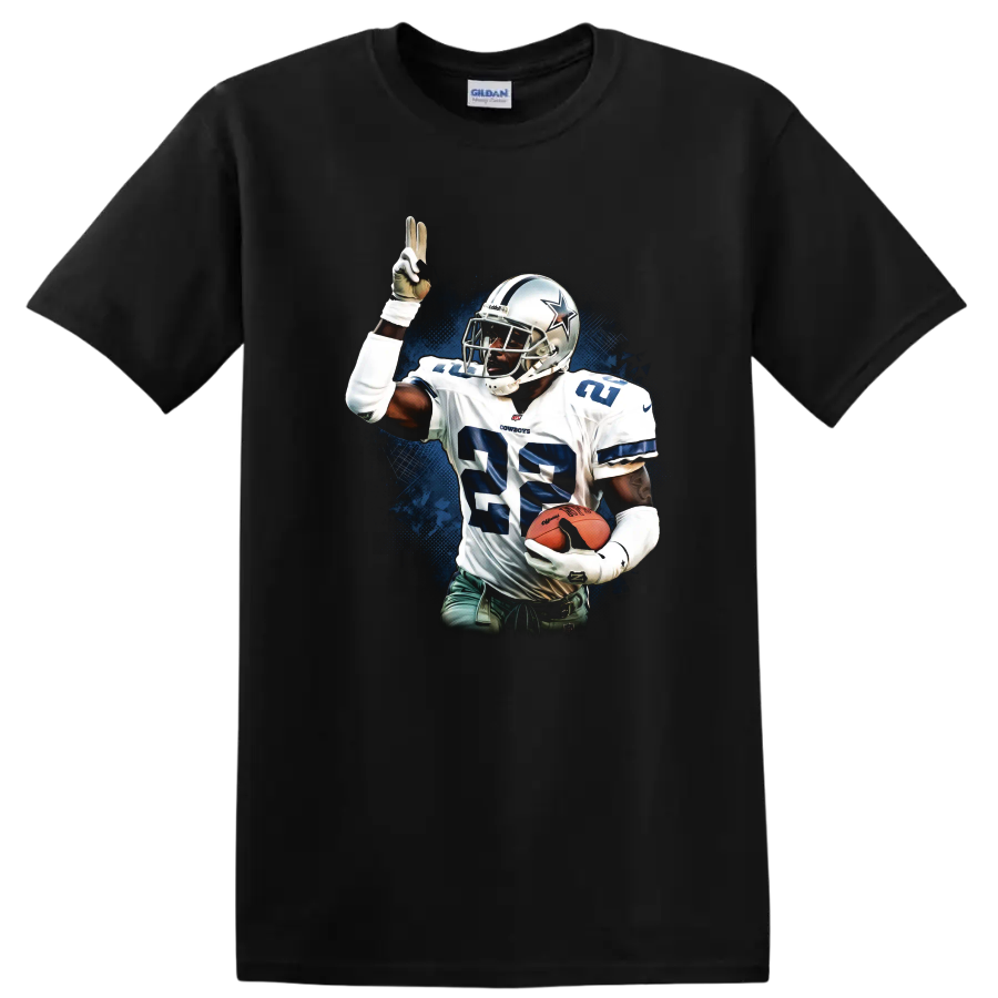 Emmitt Smith Dallas Cowboys No. 22 football action art with blue grunge backdrop on a Black T Shirt