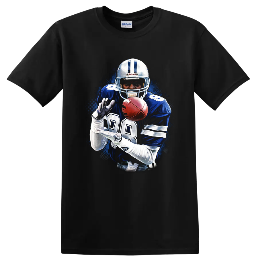 Emmitt Smith Dallas Cowboys number 22 football player with ball in blue action art on a Black T Shirt