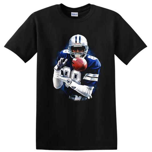 Emmitt Smith Dallas Cowboys number 22 football player with ball in blue action art on a Black T Shirt