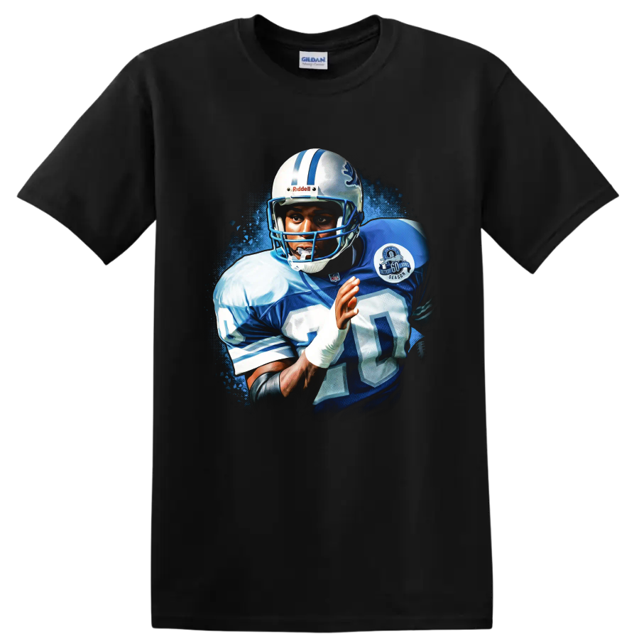 Barry Sanders Detroit Lions number 20 football action portrait with blue splatter art on a Black T Shirt