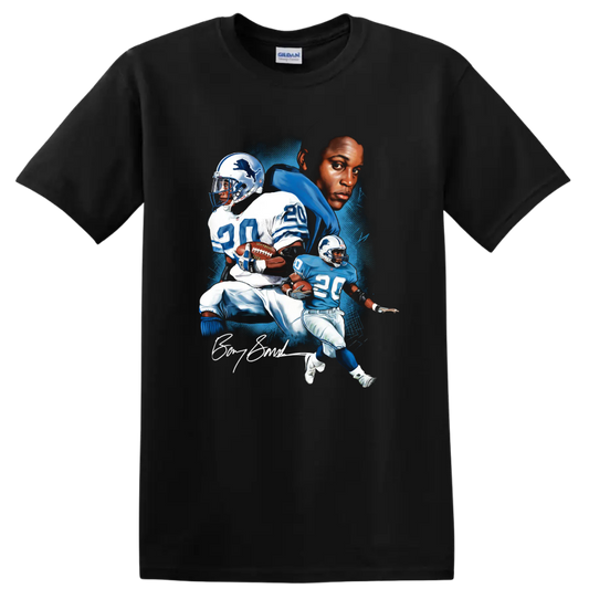 Barry Sanders Detroit Lions No. 20 illustrated football action portrait on a Black T Shirt