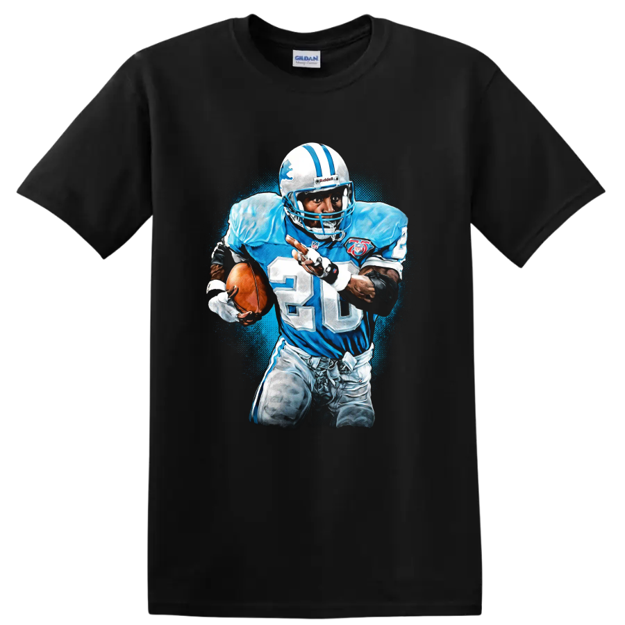 Barry Sanders Detroit Lions number 20 running back action graphic with blue paint splatter on a Black T Shirt