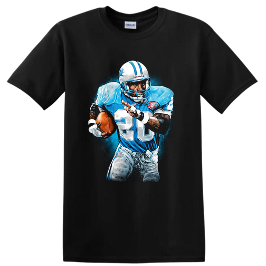 Barry Sanders Detroit Lions number 20 running back action graphic with blue paint splatter on a Black T Shirt