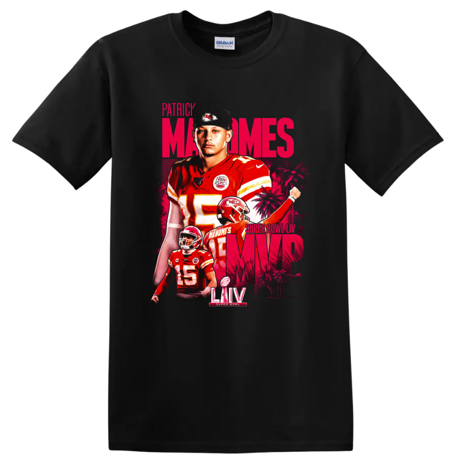 Patrick Mahomes Chiefs Super Bowl LIV MVP layered football portrait in pink and red on a Black T Shirt
