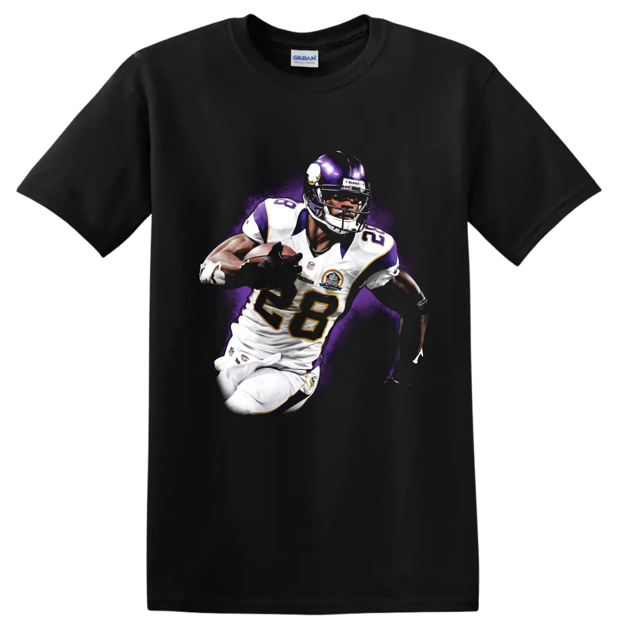 Adrian Peterson Minnesota Vikings running back action artwork with purple halftone burst on a Black T Shirt