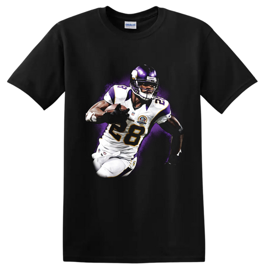 Adrian Peterson Minnesota Vikings running back action artwork with purple halftone burst on a Black T Shirt