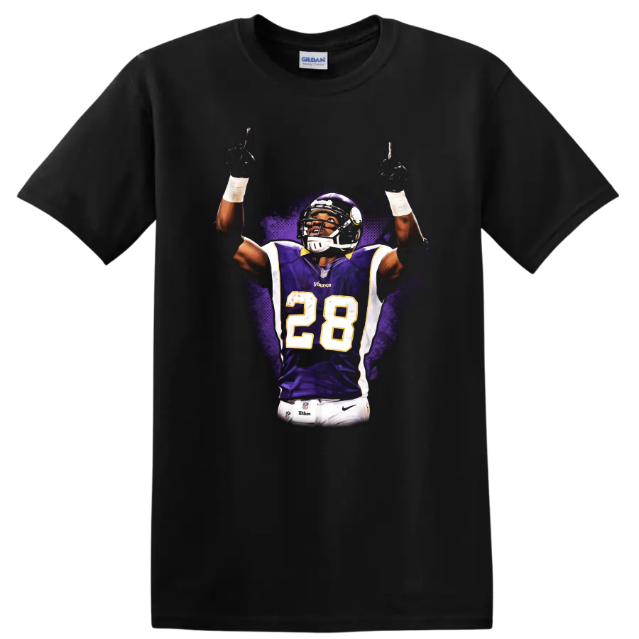 Adrian Peterson Vikings number 28 purple jersey celebration with purple splash art on a Black T Shirt