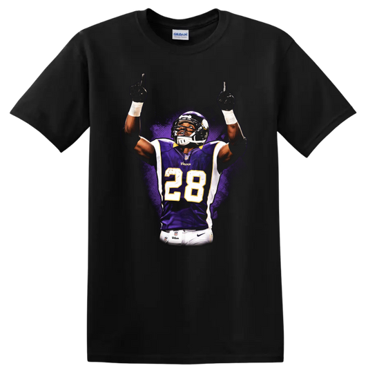 Adrian Peterson Vikings number 28 purple jersey celebration with purple splash art on a Black T Shirt