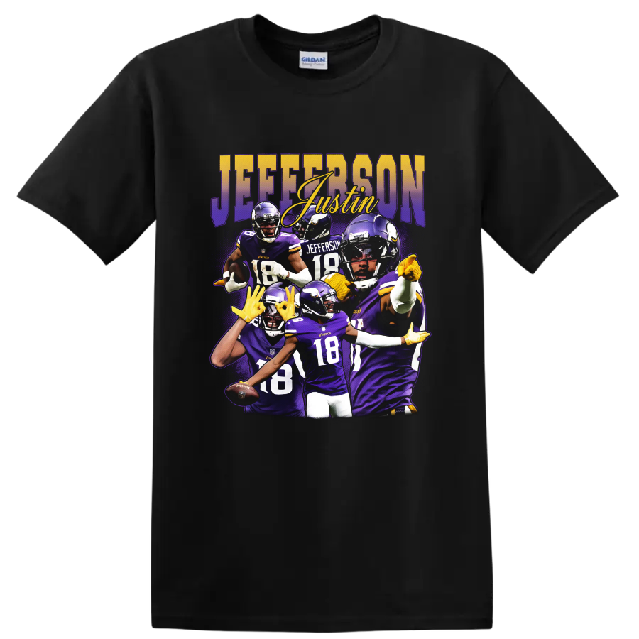 Justin Jefferson Minnesota Vikings purple football action collage with JEFFERSON lettering on a Black T Shirt