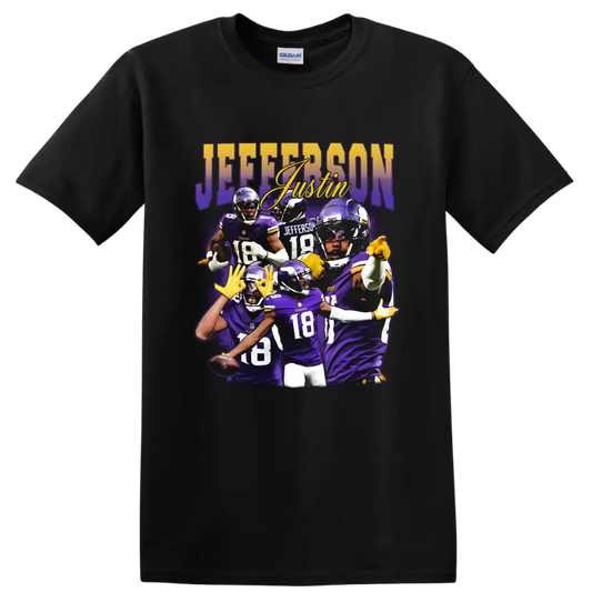 Justin Jefferson Minnesota Vikings purple football action collage with JEFFERSON lettering on a Black T Shirt