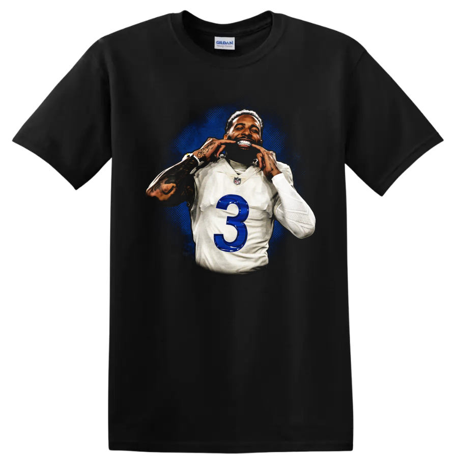 Odell Beckham Jr Cleveland Browns number 3 portrait with blue splatter background on a Black T Shirt