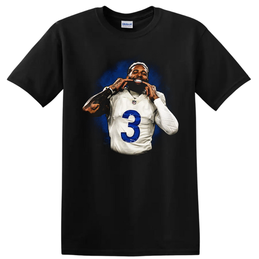 Odell Beckham Jr Cleveland Browns number 3 portrait with blue splatter background on a Black T Shirt