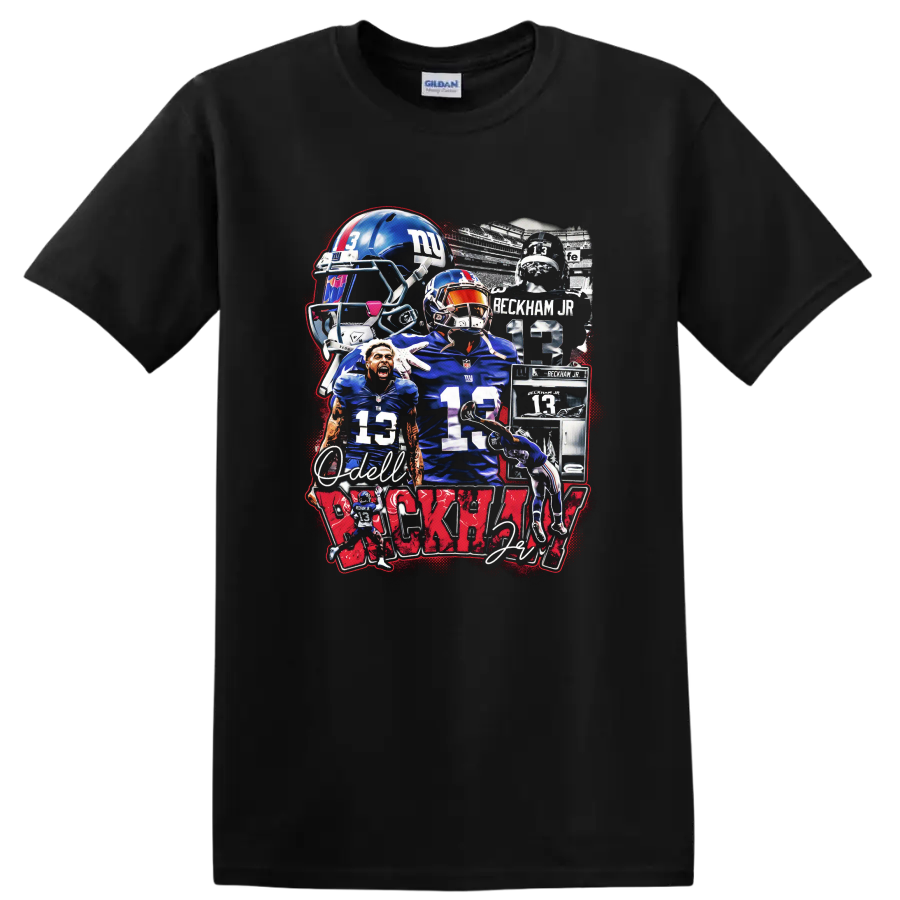Odell Beckham Jr New York Giants No. 13 football action collage with helmet art on a Black T Shirt