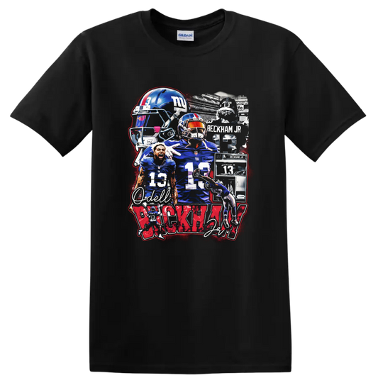 Odell Beckham Jr New York Giants No. 13 football action collage with helmet art on a Black T Shirt
