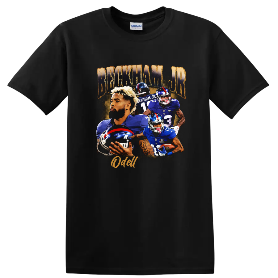 Odell Beckham Jr. New York Giants football action collage with Beckham Jr. and Odell text on a Black T Shirt