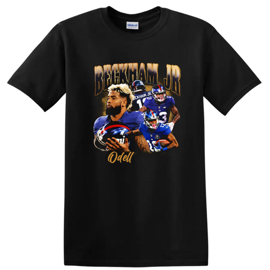 Odell Beckham Jr. New York Giants football action collage with Beckham Jr. and Odell text on a Black T Shirt