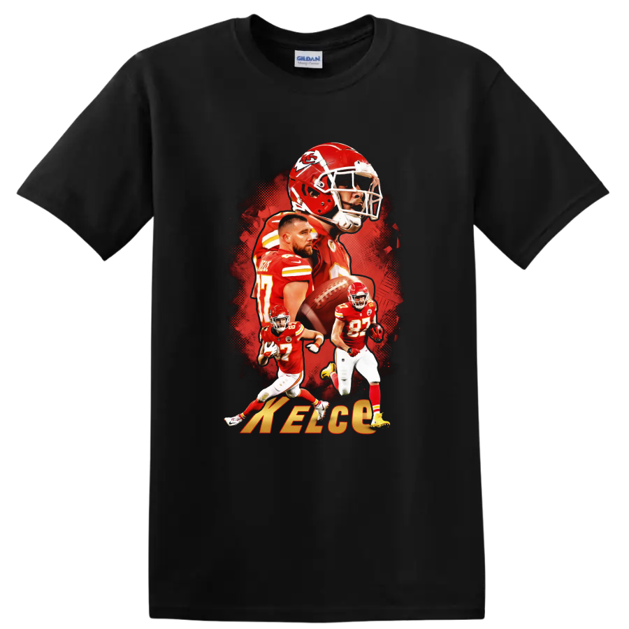 Travis Kelce Kansas City Chiefs football action collage with number 87 and helmet art on a Black T Shirt