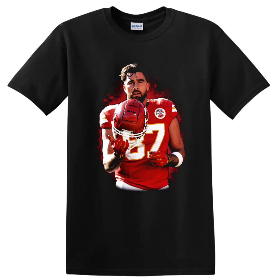 Travis Kelce Kansas City Chiefs number 87 helmet portrait in bold halftone sports art on a Black T Shirt