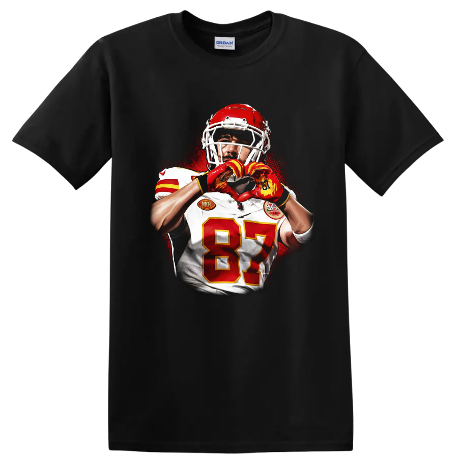 Travis Kelce Chiefs football portrait making heart hands in red splatter art on a Black T Shirt