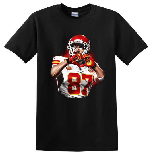 Travis Kelce Chiefs football portrait making heart hands in red splatter art on a Black T Shirt