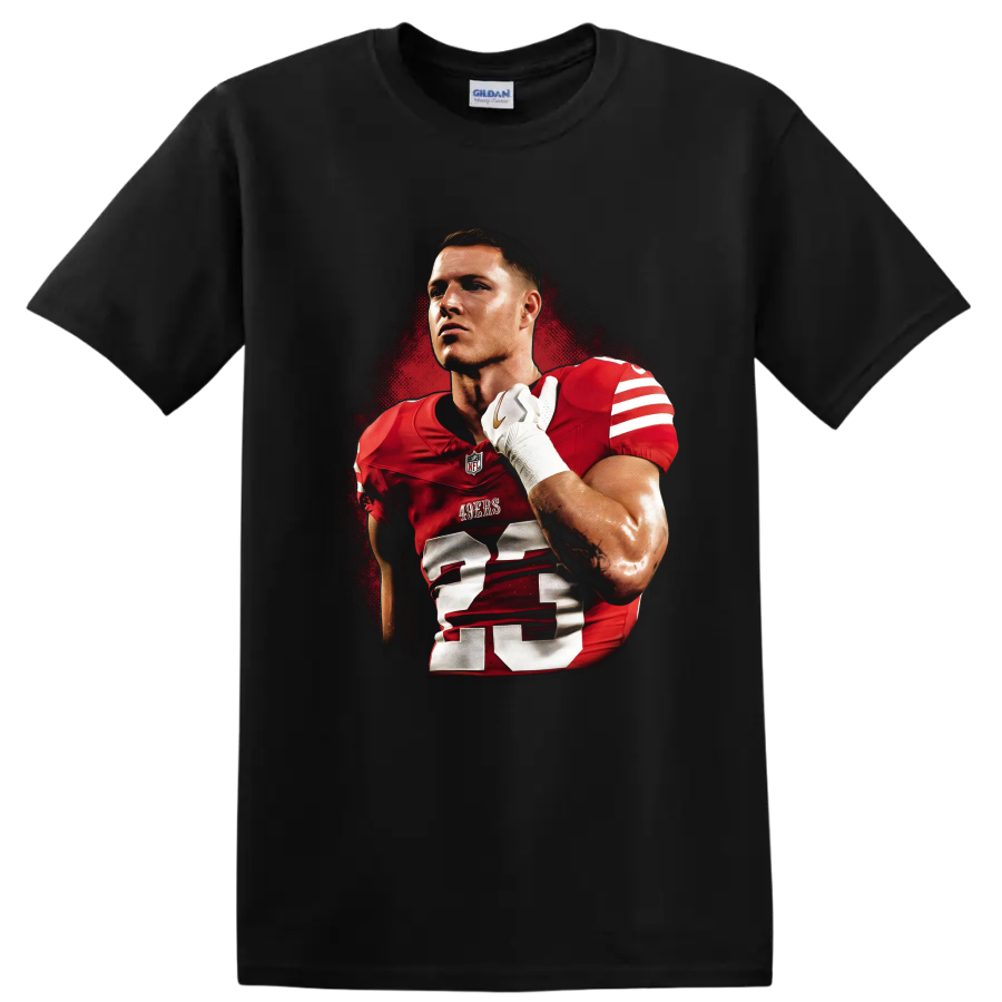 Christian McCaffrey 49ers number 23 football portrait in gritty red poster style on a Black T Shirt