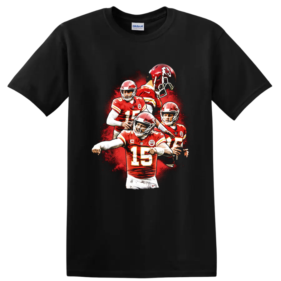 Patrick Mahomes Kansas City Chiefs quarterback action collage with red splatter on a Black T Shirt