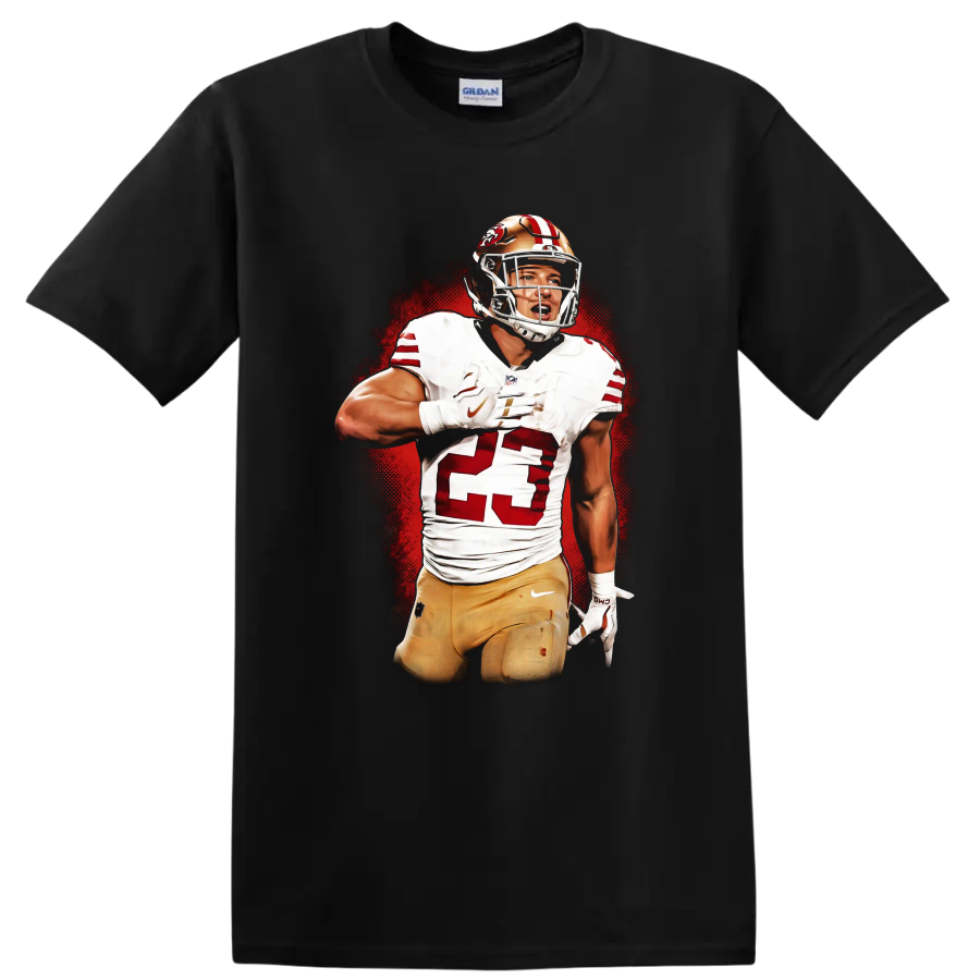 Christian McCaffrey 49ers number 23 football action portrait with red halftone backdrop on a Black T Shirt