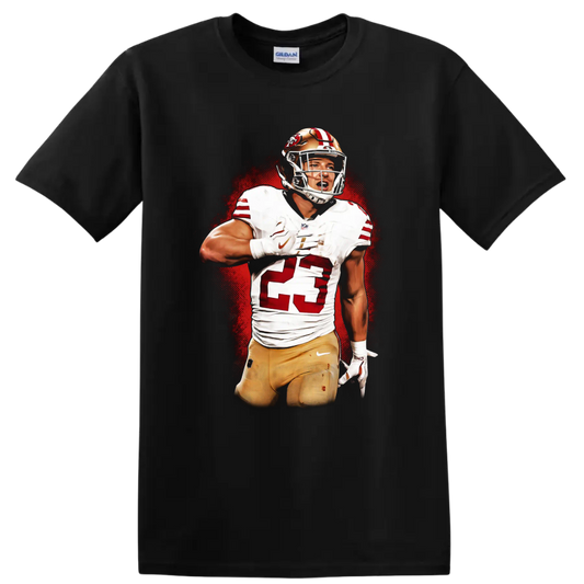 Christian McCaffrey 49ers number 23 football action portrait with red halftone backdrop on a Black T Shirt