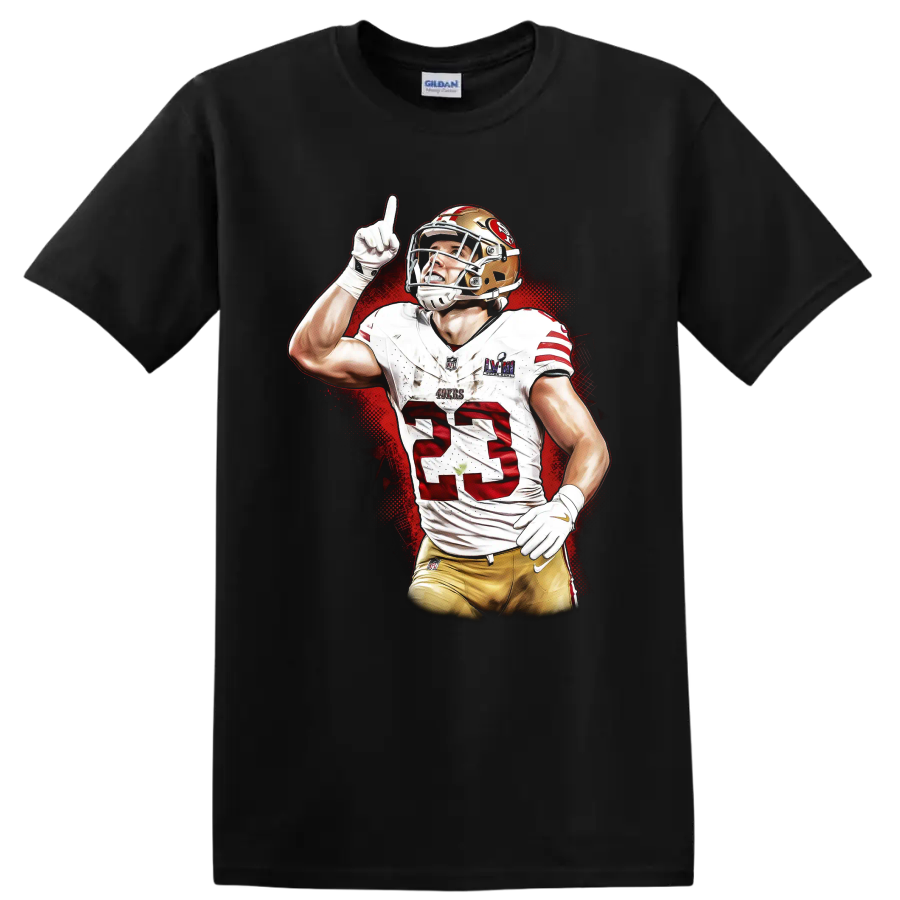 Christian McCaffrey 49ers number 23 football player in red splatter sports art on a Black T Shirt