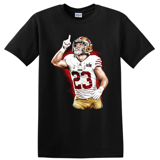 Christian McCaffrey 49ers number 23 football player in red splatter sports art on a Black T Shirt