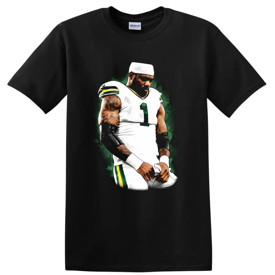 Davante Adams football player portrait in white uniform with green halftone backdrop on a Black T Shirt