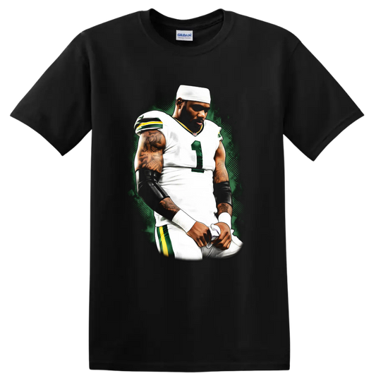 Davante Adams football player portrait in white uniform with green halftone backdrop on a Black T Shirt