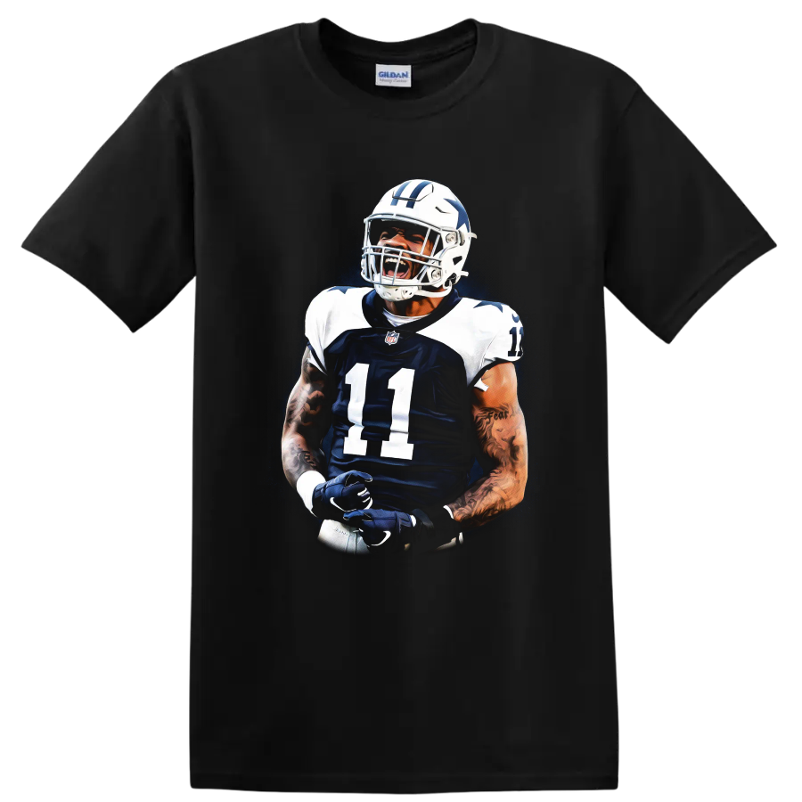 Micah Parsons Dallas Cowboys number 11 football action portrait graphic on a Black T Shirt