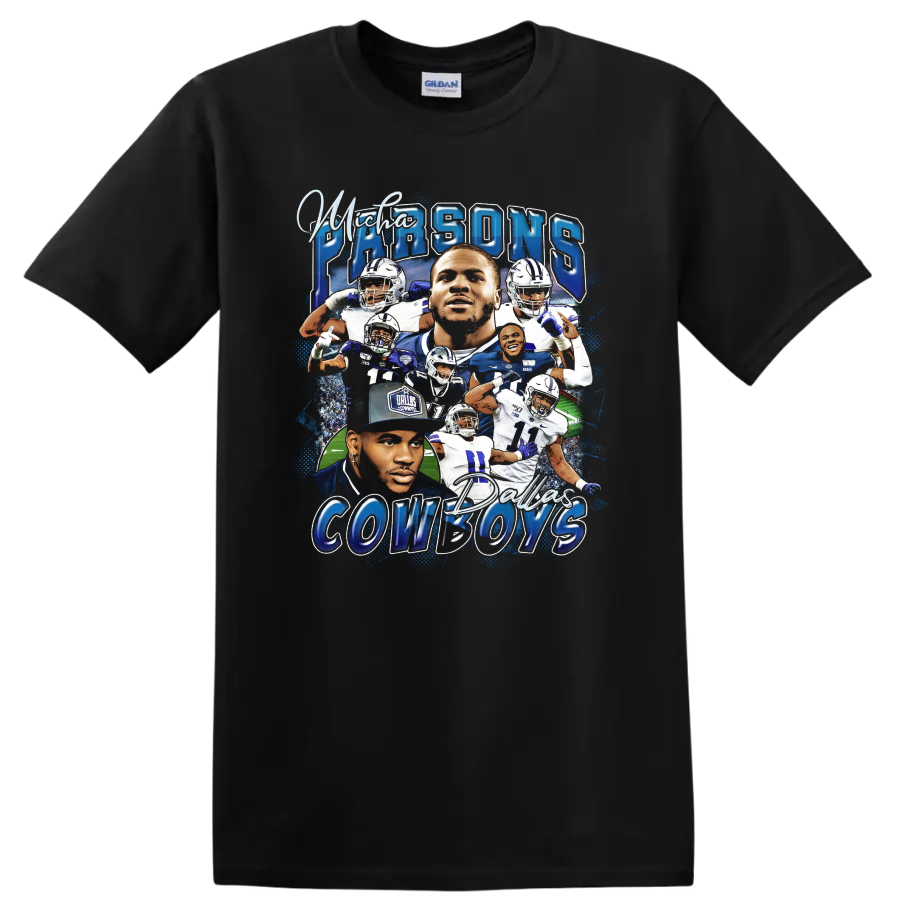 Micah Parsons Dallas Cowboys football collage with player portraits and action poses on a Black T Shirt