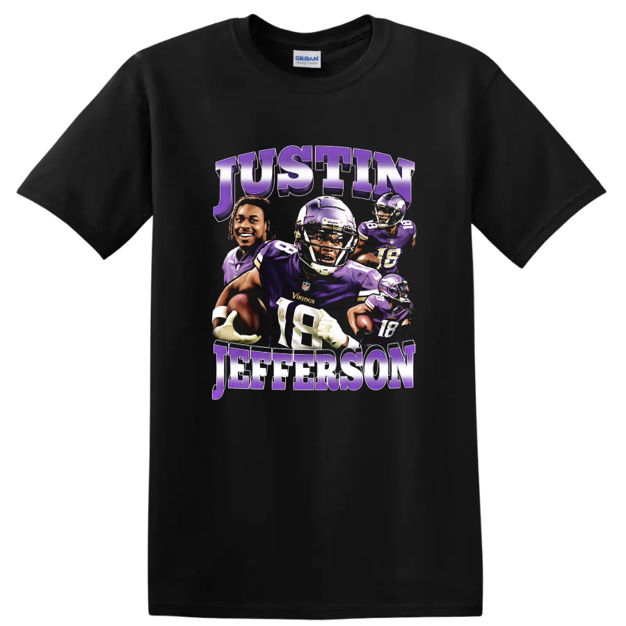 Justin Jefferson Minnesota Vikings layered purple football action collage with bold name on a Black T Shirt