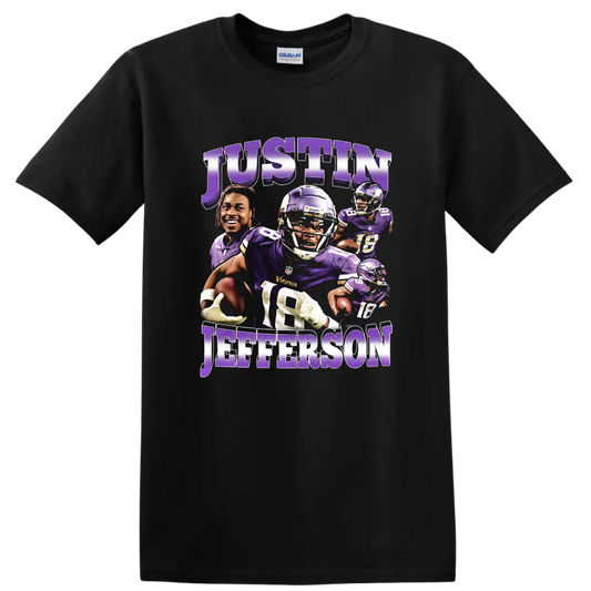 Justin Jefferson Minnesota Vikings layered purple football action collage with bold name on a Black T Shirt