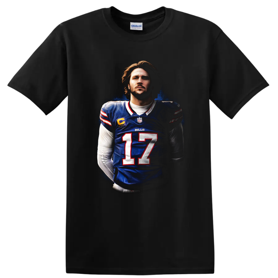 Josh Allen Buffalo Bills number 17 quarterback portrait in dramatic football poster style on a Black T Shirt