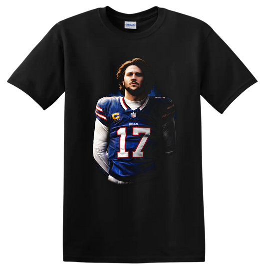 Josh Allen Buffalo Bills number 17 quarterback portrait in dramatic football poster style on a Black T Shirt