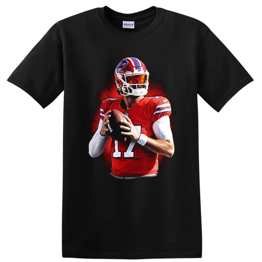Josh Allen Buffalo Bills No. 17 quarterback action portrait with red halftone backdrop on a Black T Shirt