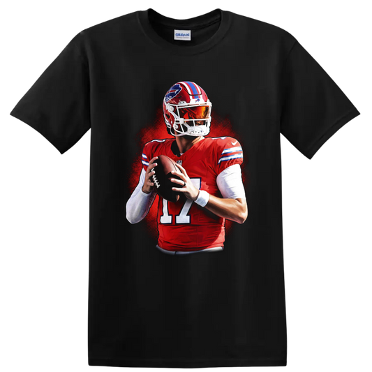 Josh Allen Buffalo Bills No. 17 quarterback action portrait with red halftone backdrop on a Black T Shirt