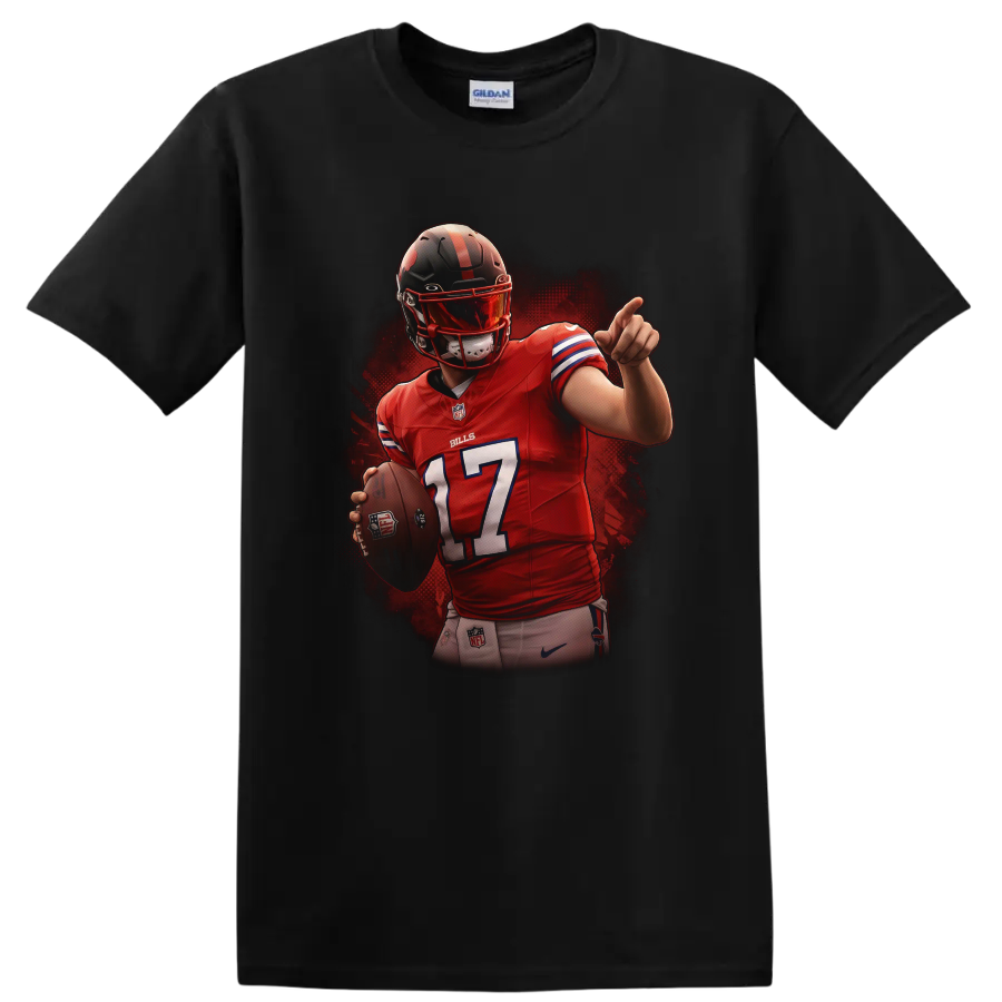 Josh Allen Buffalo Bills number 17 quarterback action illustration with football on a Black T Shirt