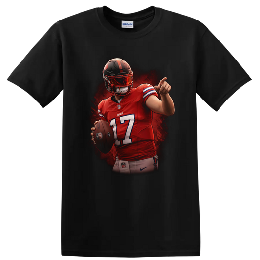 Josh Allen Buffalo Bills number 17 quarterback action illustration with football on a Black T Shirt