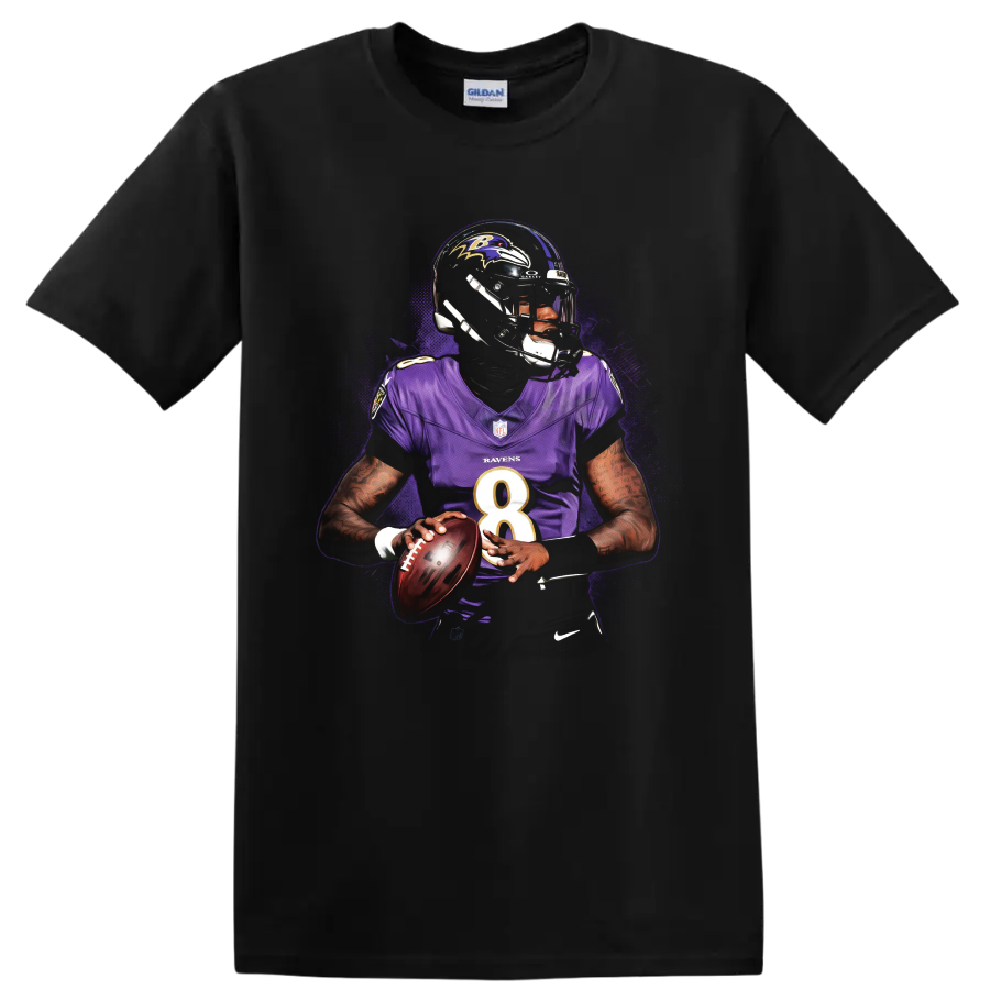 Lamar Jackson Baltimore Ravens quarterback action portrait with purple splatter artwork on a Black T Shirt