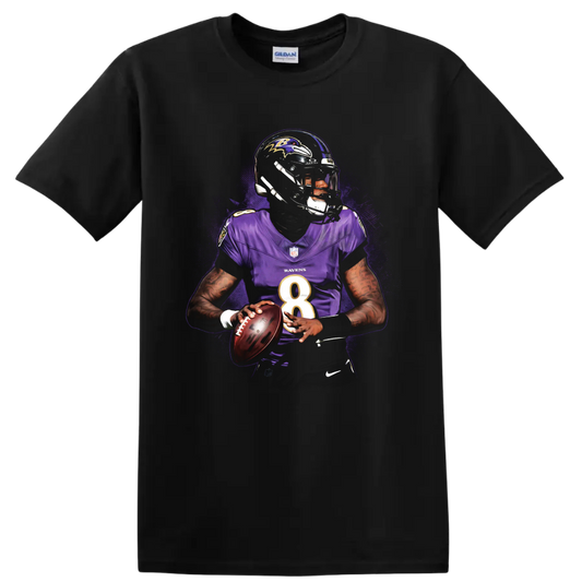 Lamar Jackson Baltimore Ravens quarterback action portrait with purple splatter artwork on a Black T Shirt