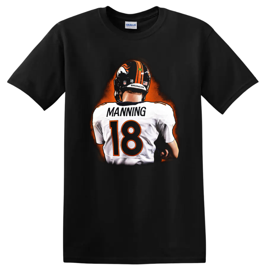 Peyton Manning Broncos No. 18 back-view football player with orange glow on a Black T Shirt