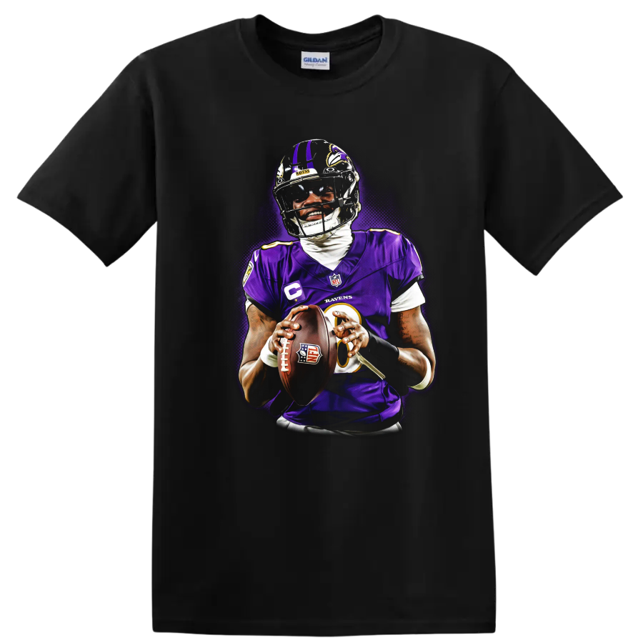 Lamar Jackson Baltimore Ravens quarterback holding a football in glowing purple action art on a Black T Shirt