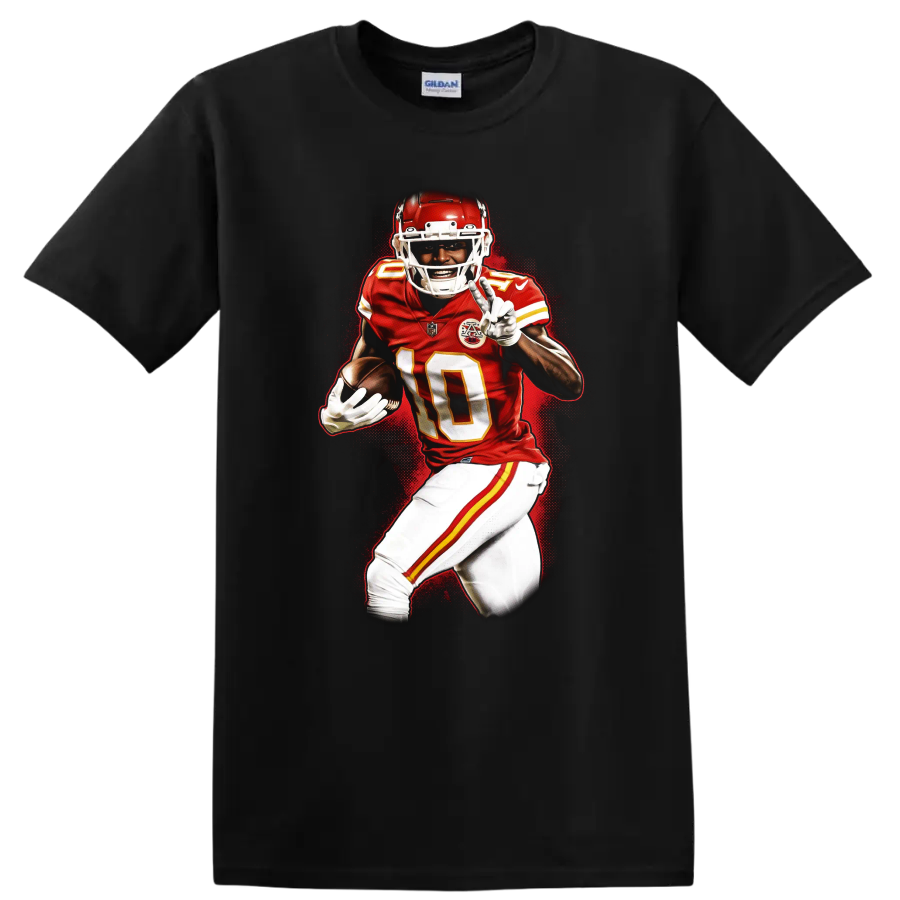 Tyreek Hill Kansas City Chiefs number 10 football action graphic with red splatter on a Black T Shirt