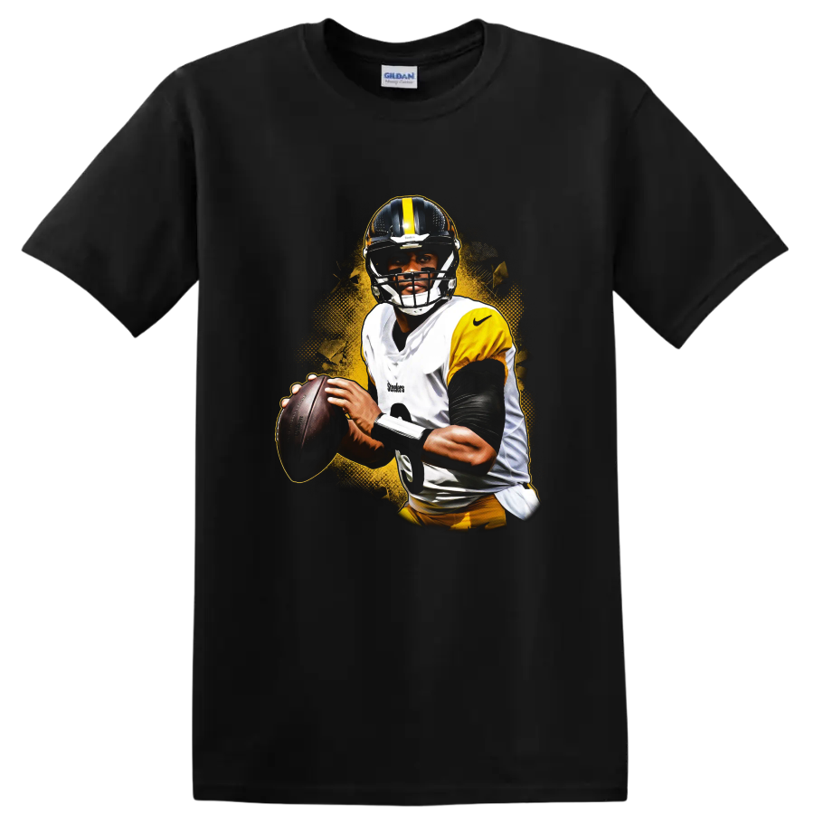 T.J. Watt Pittsburgh Steelers football player portrait with gold grunge splash on a Black T Shirt