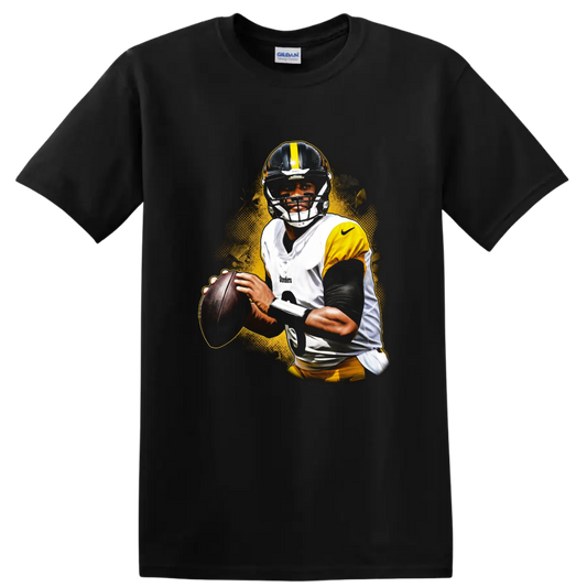 T.J. Watt Pittsburgh Steelers football player portrait with gold grunge splash on a Black T Shirt